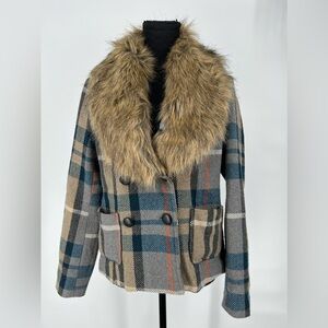 FOREVER 21 WOOL POLYESTER BLEND PLAID JACKET W/ REMOVABLE FAUX FUR‎ COLLAR